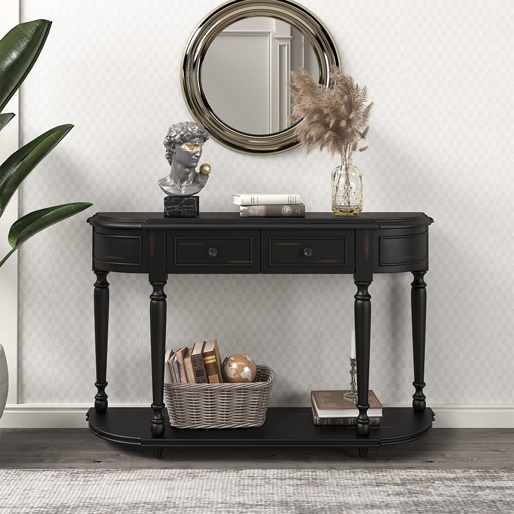 Vintage Curved Console Table with 2 Drawers - Solid Wood Frame Entryway Sofa Table for Living Room, Kitchen & Hallway - Black