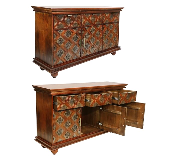 Handcrafted Corsica Traditional Large Gold Inlay Geometric Carving Sheesham Wood Sideboard - Elegant Dining Room Buffet Cabinet for Home Decor