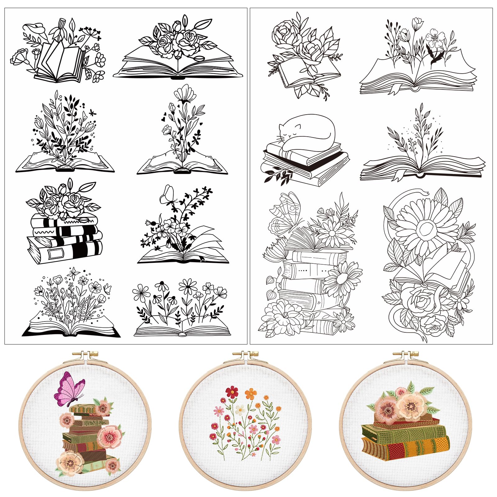Water Soluble Embroidery Stabilizer Sheets - Rngmsi 14-Piece Wash Away Transfer Paper for Hand Sewing | Cat & Flower Designs | Perfect for DIY Embroidery, Quilting and Fabric Crafts (Book Lover Edition)