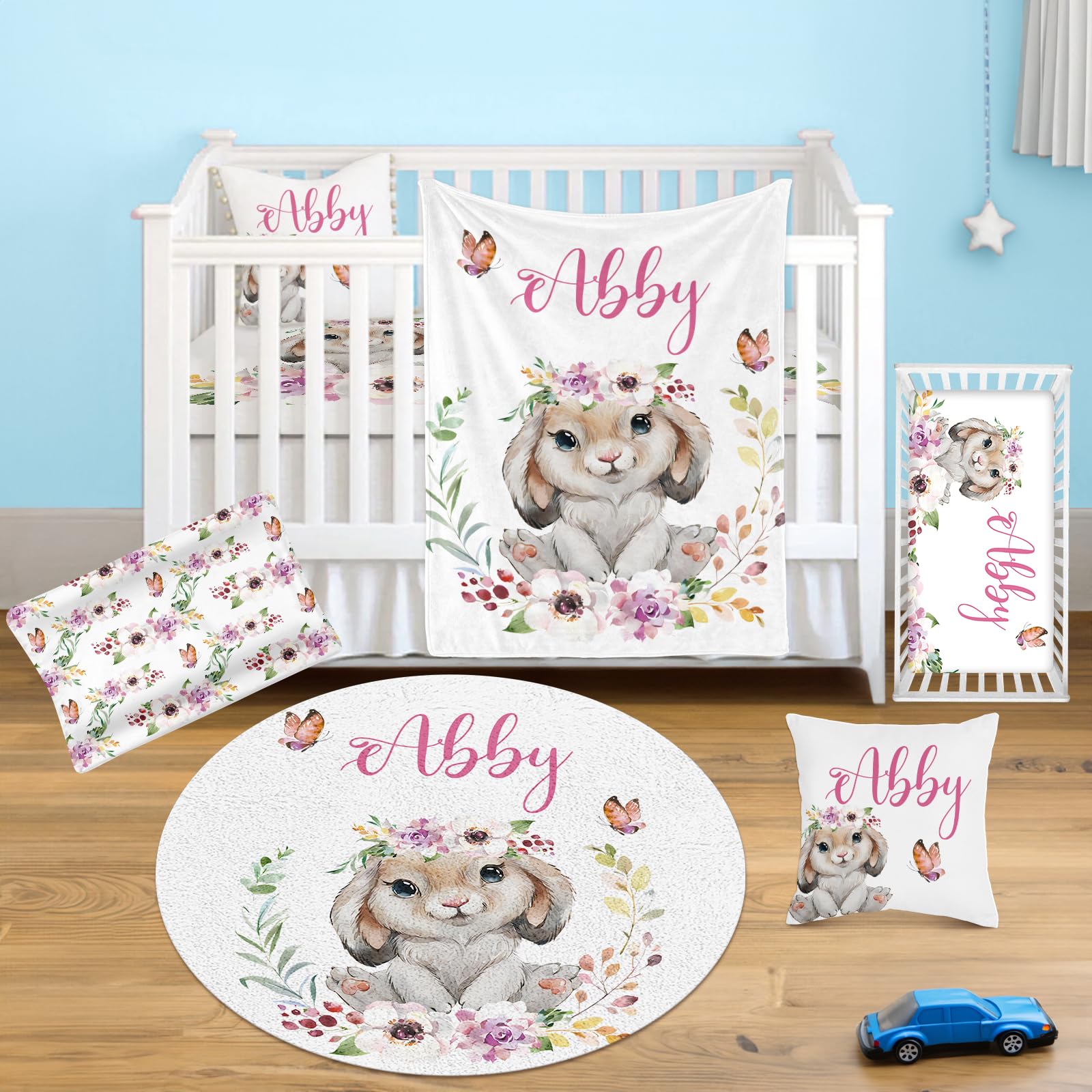 Lanleay Personalized Baby Girl & Boy Crib Bedding Set - 5 Piece White Rabbit Nursery Set with Custom Name, Tummy Time Mat | Soft Infant Bedding for Newborns & Toddlers | Perfect Baby Shower Gift & Nursery Decor