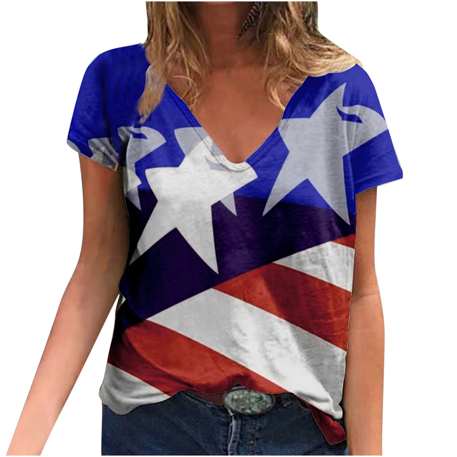 Women's Plus Size Summer Casual V-Neck Short Sleeve Blouse - 4th of July Printed Loose Comfortable T-Shirt | Perfect for Independence Day Celebrations, Beach Outings & Casual Wear