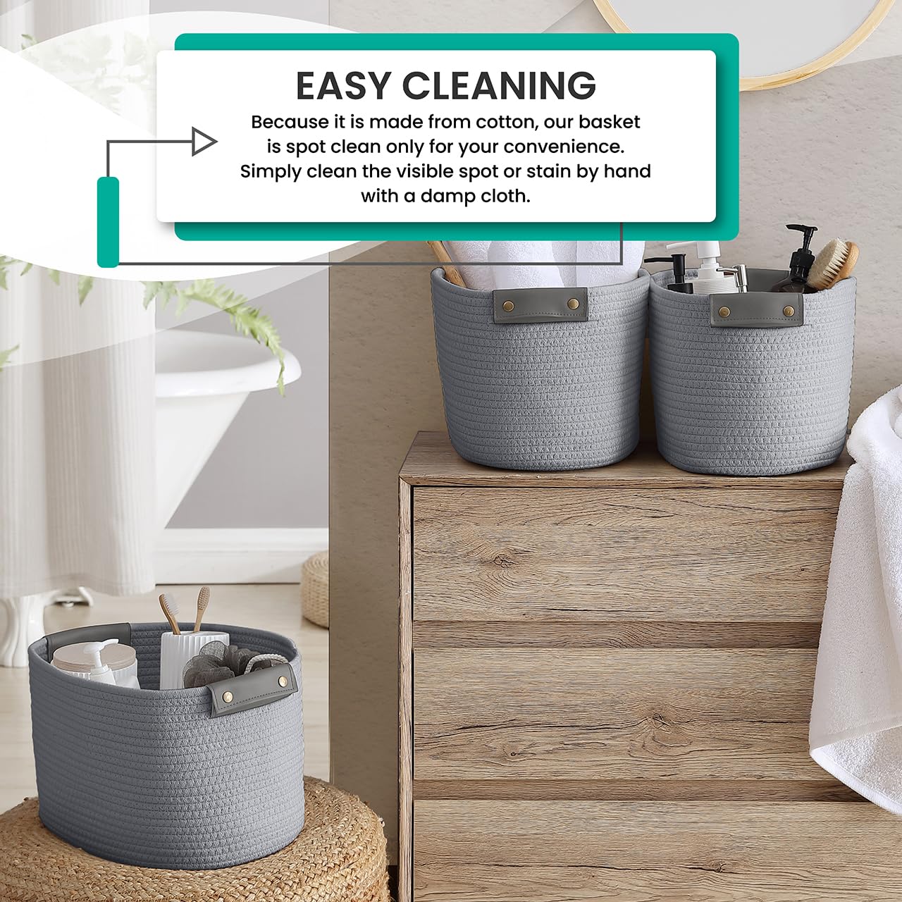 Organizix 3-Pack Gray Woven Cotton Rope Storage Baskets with Faux Leather Handles - 15