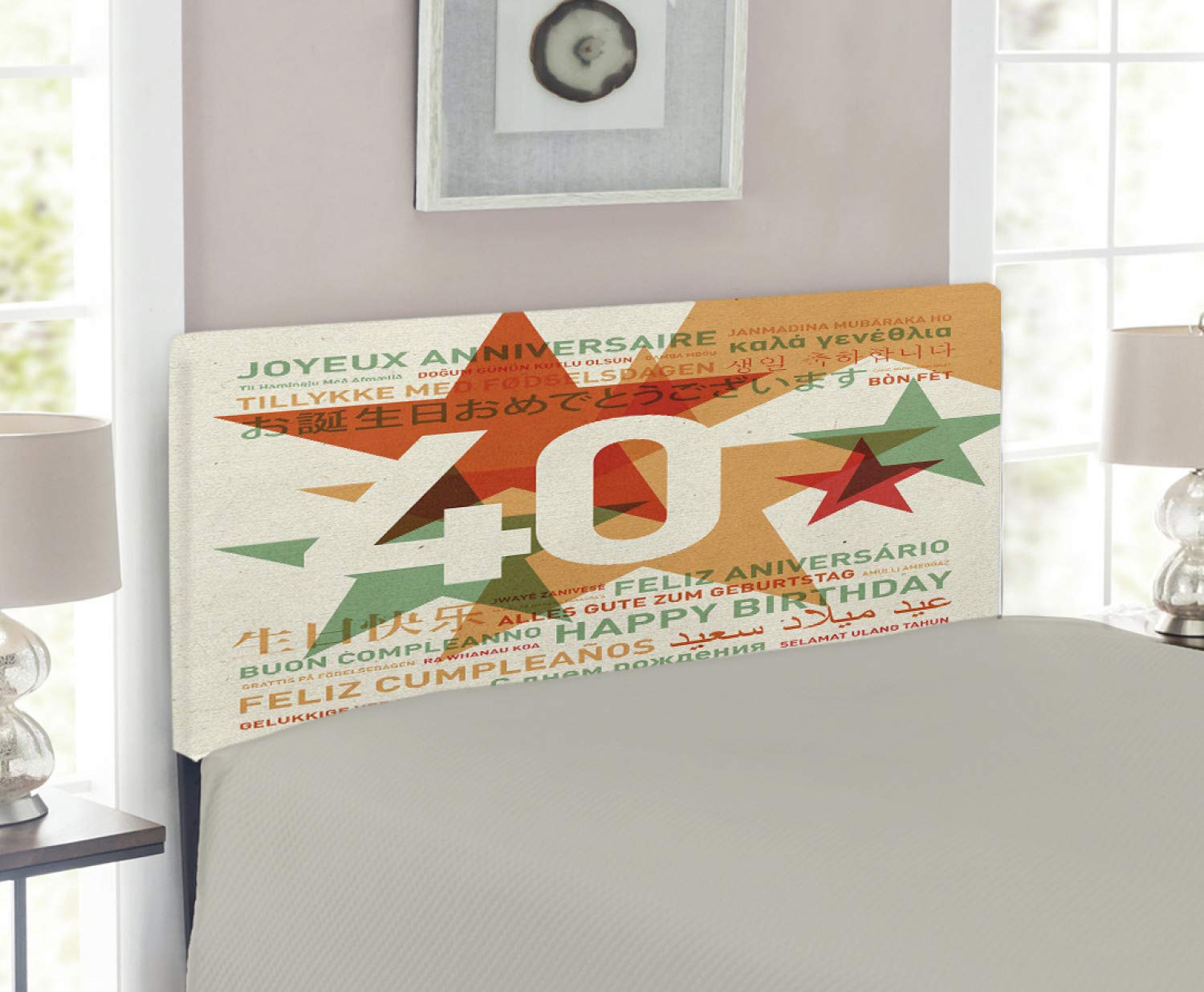 Ambesonne 40th Birthday Retro Upholstered Headboard - Multicolor Twin Size Metal Bed Headboard with Memory Foam - Happy Birthday in Multiple Languages - Perfect for Bedroom Decor & Anniversary Gifts