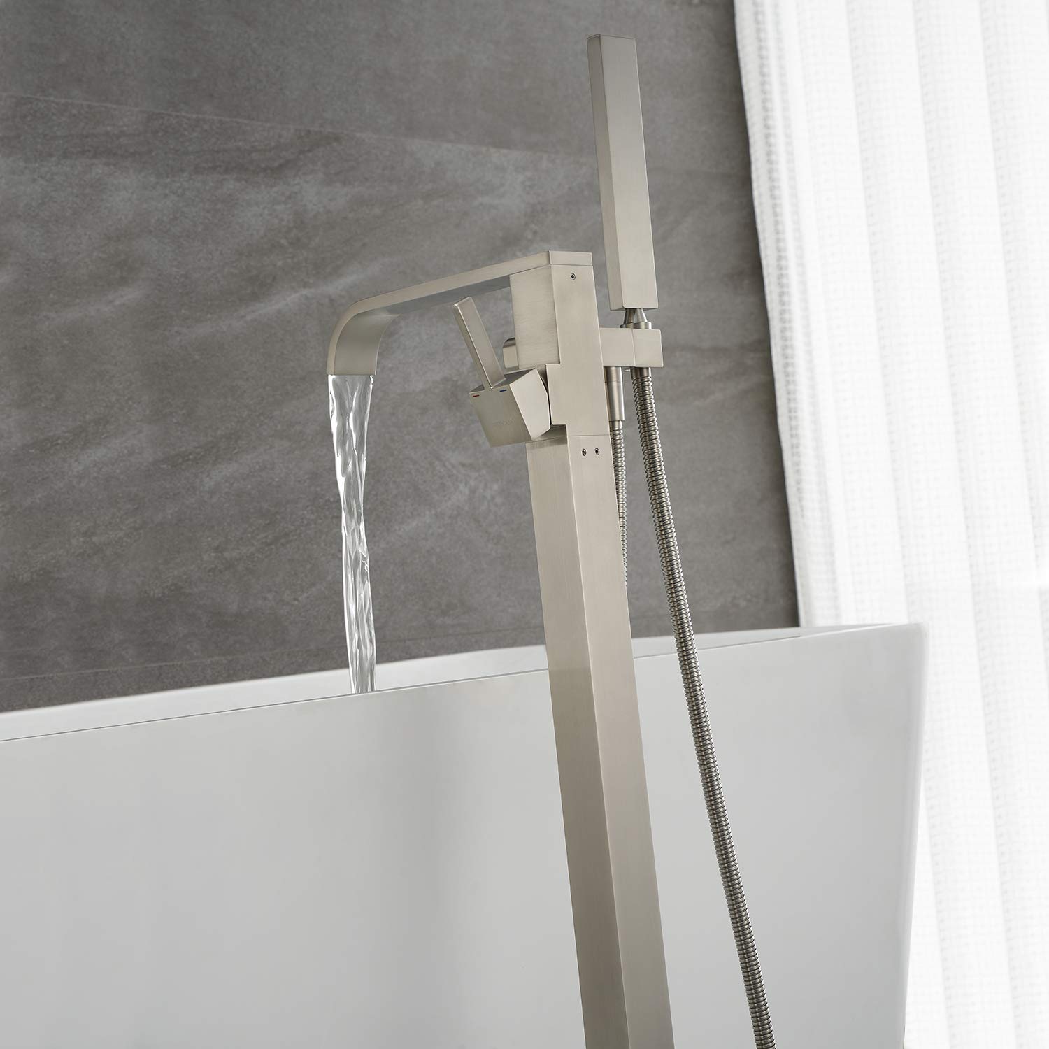 Freestanding Bathtub Faucet - Brushed Nickel Floor Mount Tub Filler with Single Handle & Hand Shower - Durable Brass Construction for Modern Bathrooms | Perfect for Spa-Like Relaxation and Luxurious Bath Experiences