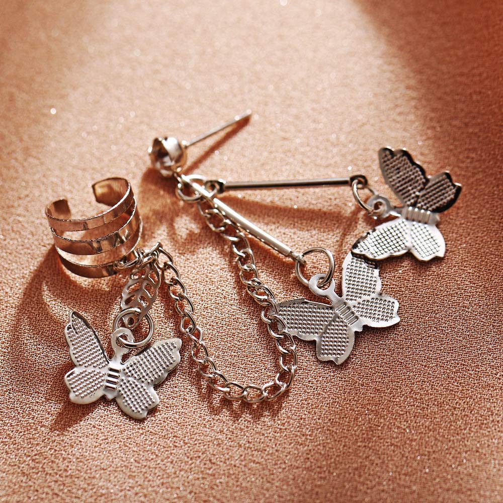 Hypoallergenic Silver Butterfly Chain Tassel Earrings - Long Dangle Drop Ear Cuff Statement Jewelry for Women | Elegant Party, Wedding & Everyday Wear