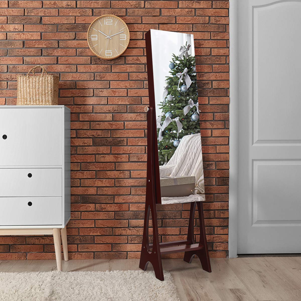 Giantex 12 LED Jewelry Armoire Cabinet with Frameless Full-Length Mirror - Standing Jewelry Organizer with 16 Lipstick Holders & Large Storage - 3 Angle Adjustable Brown Jewelry Cabinet for Bedroom, Dressing Room & Closet Organization