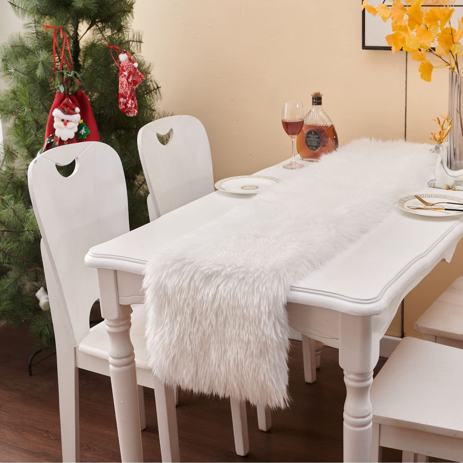 Modern White Fur Table Runner 11.8x70.8 Inch - Elegant Thanksgiving Christmas Wedding Party Decor for Farmhouse Dining Coffee Table | Holiday Birthday Home Decoration & Bed Runner