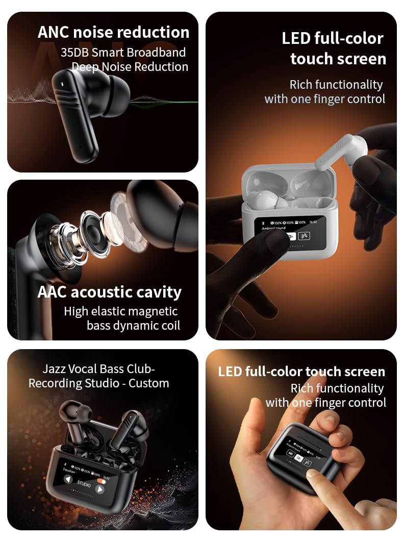 Premium Wireless Earbuds with LCD Touch Screen - Bluetooth 5.4 TWS Noise Cancelling Headphones with Built-in Mic, Hi-Fi Stereo Sound & Wireless Charging Case - Touch Control Earphones for iPhone/Android (Black) - Perfect for Workouts, Commuting & Office Use
