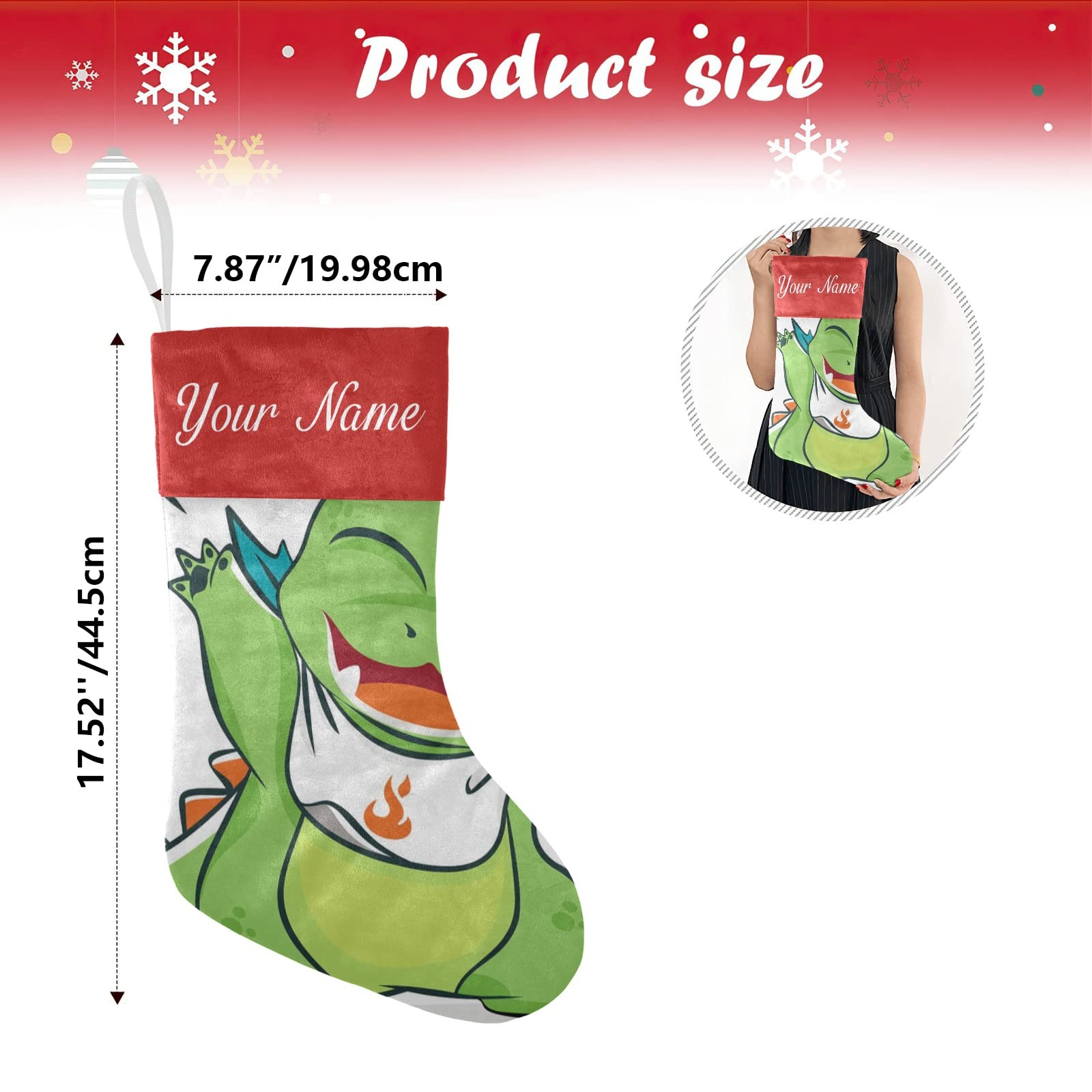 Personalized Christmas Stocking with Little Green Dragons Monster Design - Custom Name Socks for Xmas Tree & Fireplace Hanging Decoration - 17.52 Inch Festive Holiday Home Decor for Kids' Bedroom or Living Room