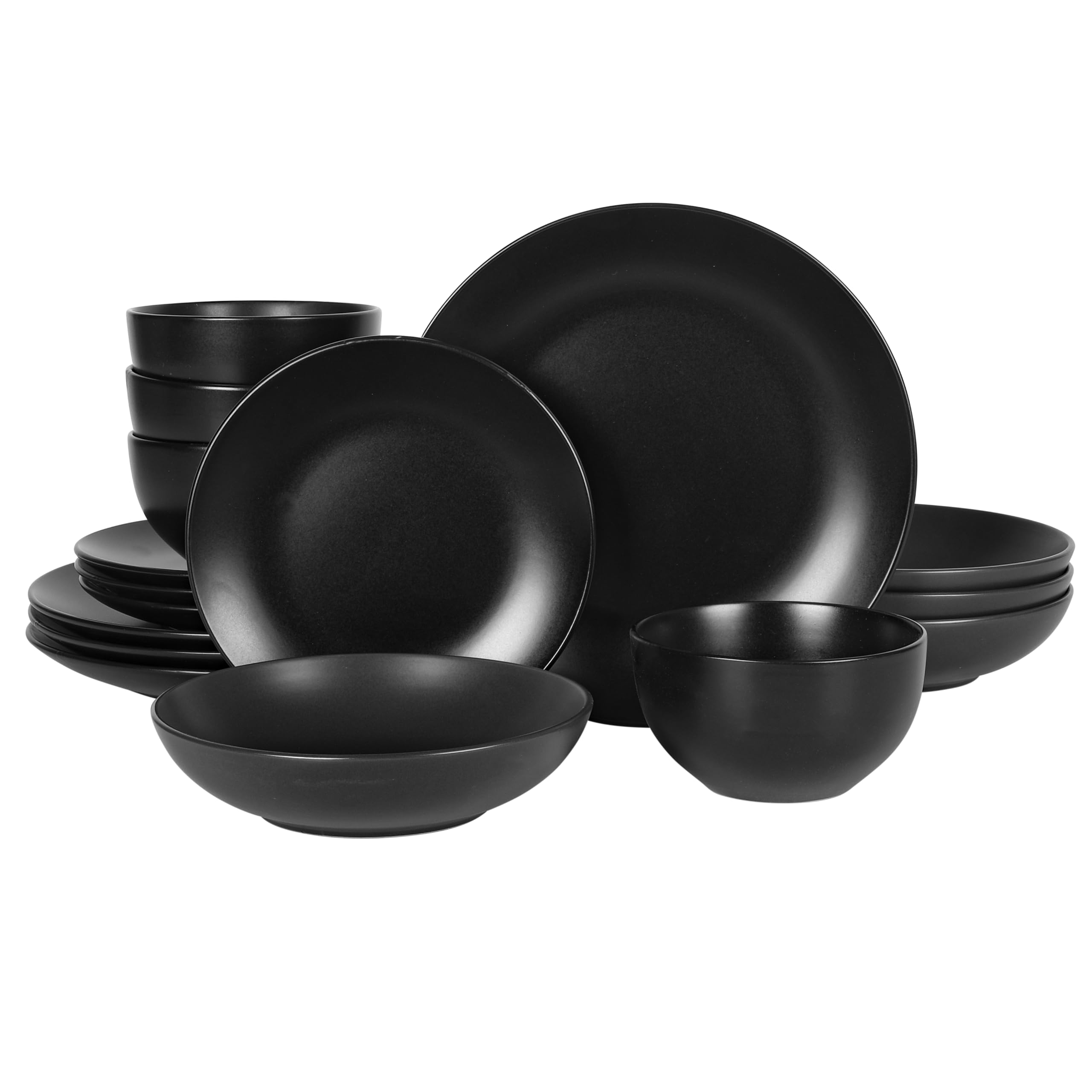 Gibson Home Queenslane 16-Piece Dinnerware Set - Matte Black Double Bowl Plates & Bowls for Everyday Dining, Family Meals, and Dinner Parties