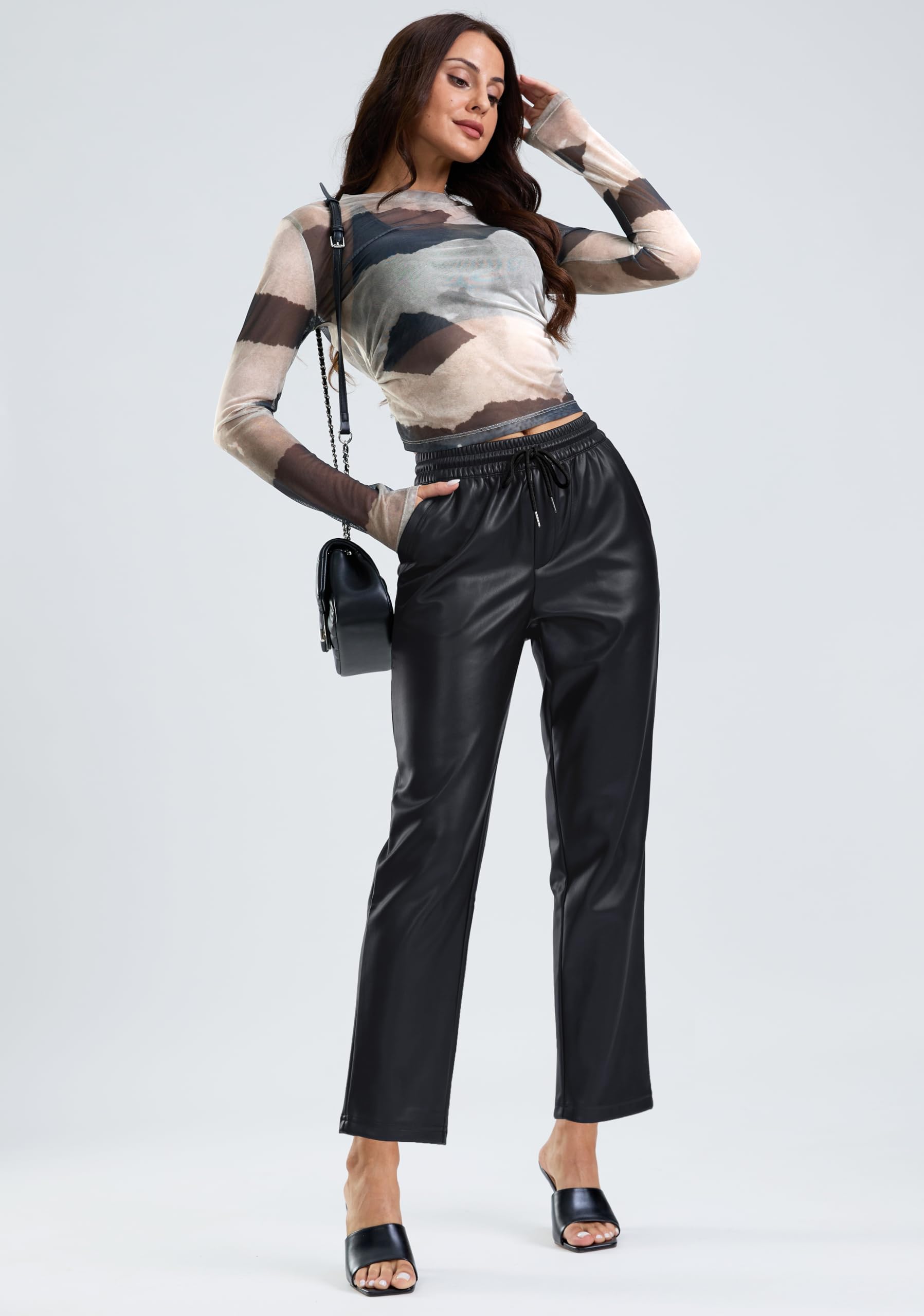 SANTINY Women's Faux Leather Pants - High Waisted Straight Leg Vegan Pleather Trousers | Matte Black Cropped Ankle Pants for Women | Perfect for Office, Night Out & Casual Wear