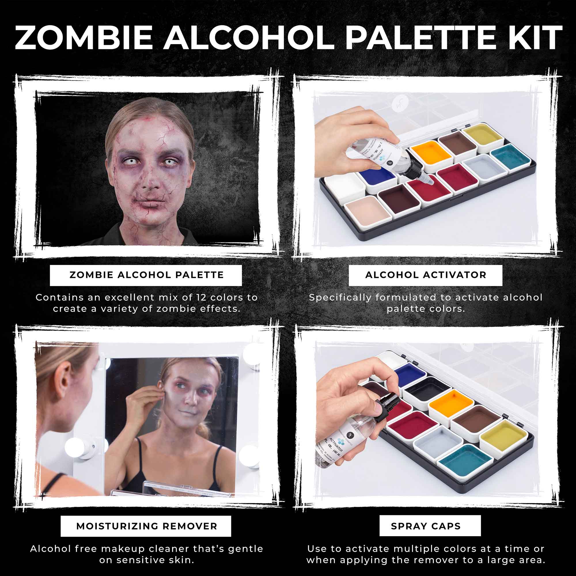 12 Color Zombie Alcohol Activated Professional SFX Makeup Palette - Halloween, Cosplay & Special Effects Makeup Kit for Horror Movies & Theater Productions