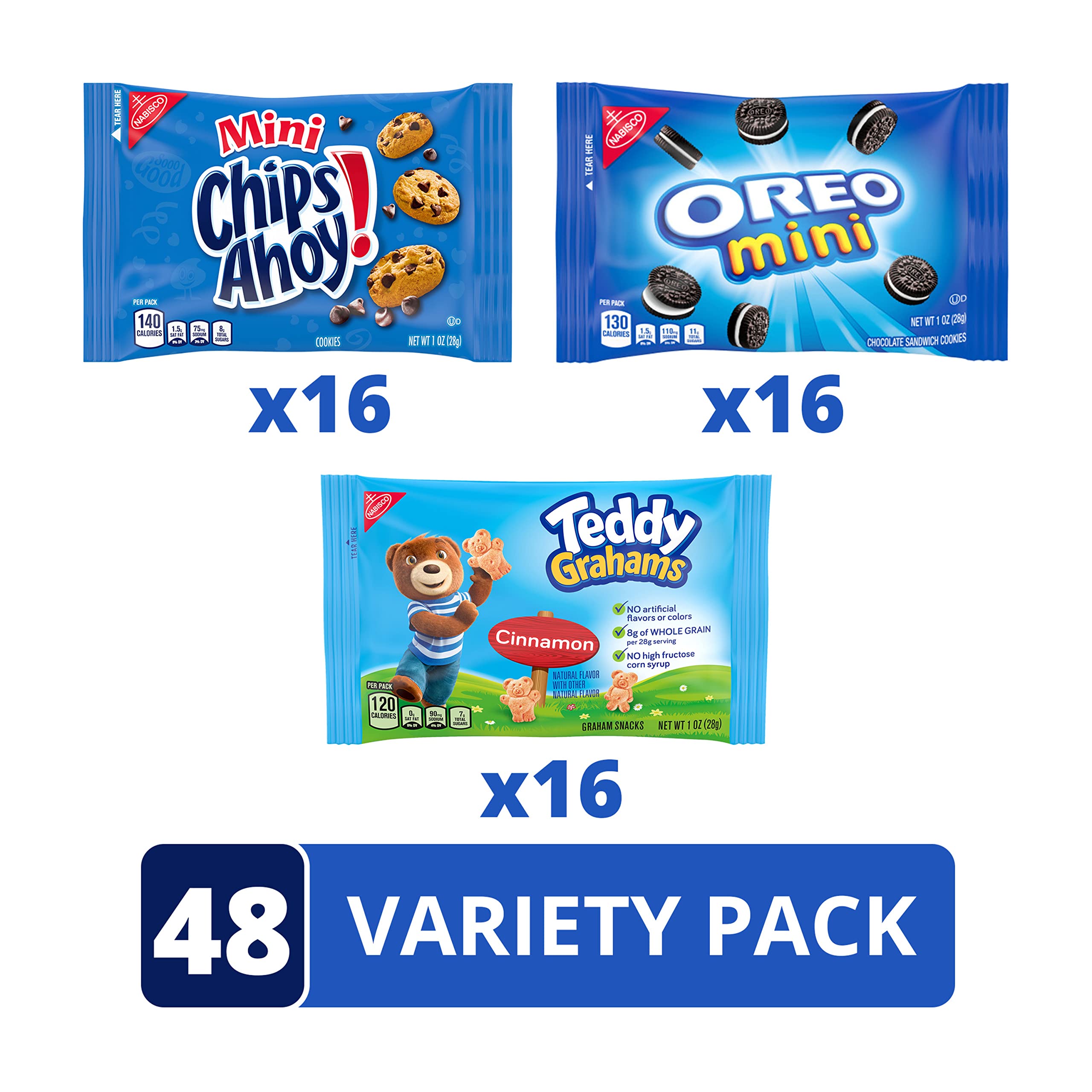 Nabisco Variety Pack - OREO Mini Cookies, CHIPS AHOY! Mini Cookies & Teddy Grahams Cinnamon Snacks | 48 Individually Wrapped Snack Packs | Perfect for School Lunches, Office Snacks & Party Favors