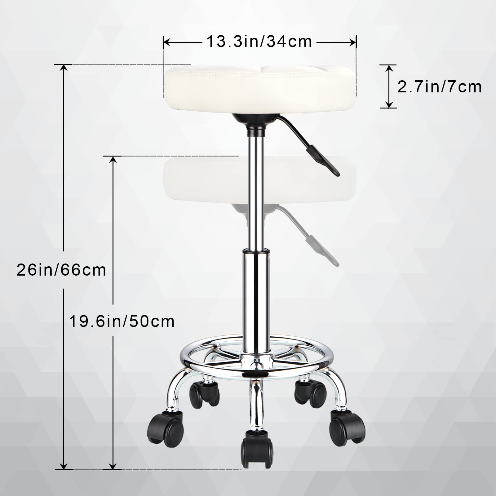 Adjustable Height Swivel Rolling Stool with Wheels - PU Leather Round Stool for Office, Kitchen, Salon & Home Use - White