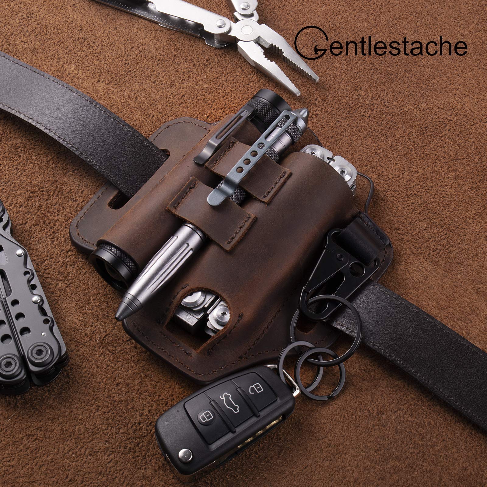 Gentlestache Multitool Belt Sheath - Premium EDC Leather Belt Organizer with Multitool Pouch, Flashlight & Pen Holders + Keychain Clip - Practical Everyday Carry Accessory for Men | Perfect for Outdoor Adventures, Work & Daily Use