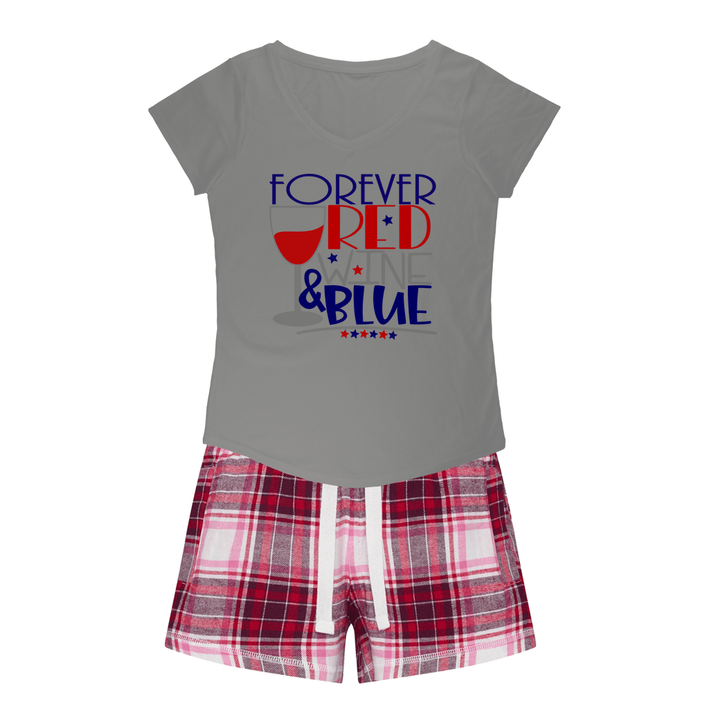 Forever Red Wine Blue Girls Sleepy Tee and Flannel Short Set - Comfortable Women's Lounge Pajamas for Sleepovers & Relaxing at Home
