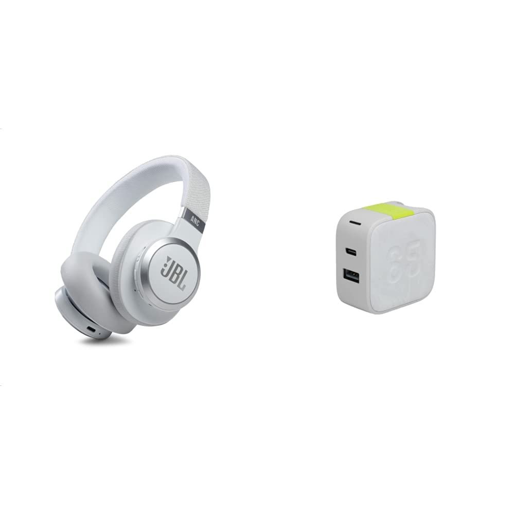 JBL Live 660NC Wireless Over-Ear Noise Cancelling Headphones with 65W GaN Fast Charger - White | Bluetooth Headset for Travel, Work & Gaming | Compact PD Charger for Laptop, Phone & Tablet