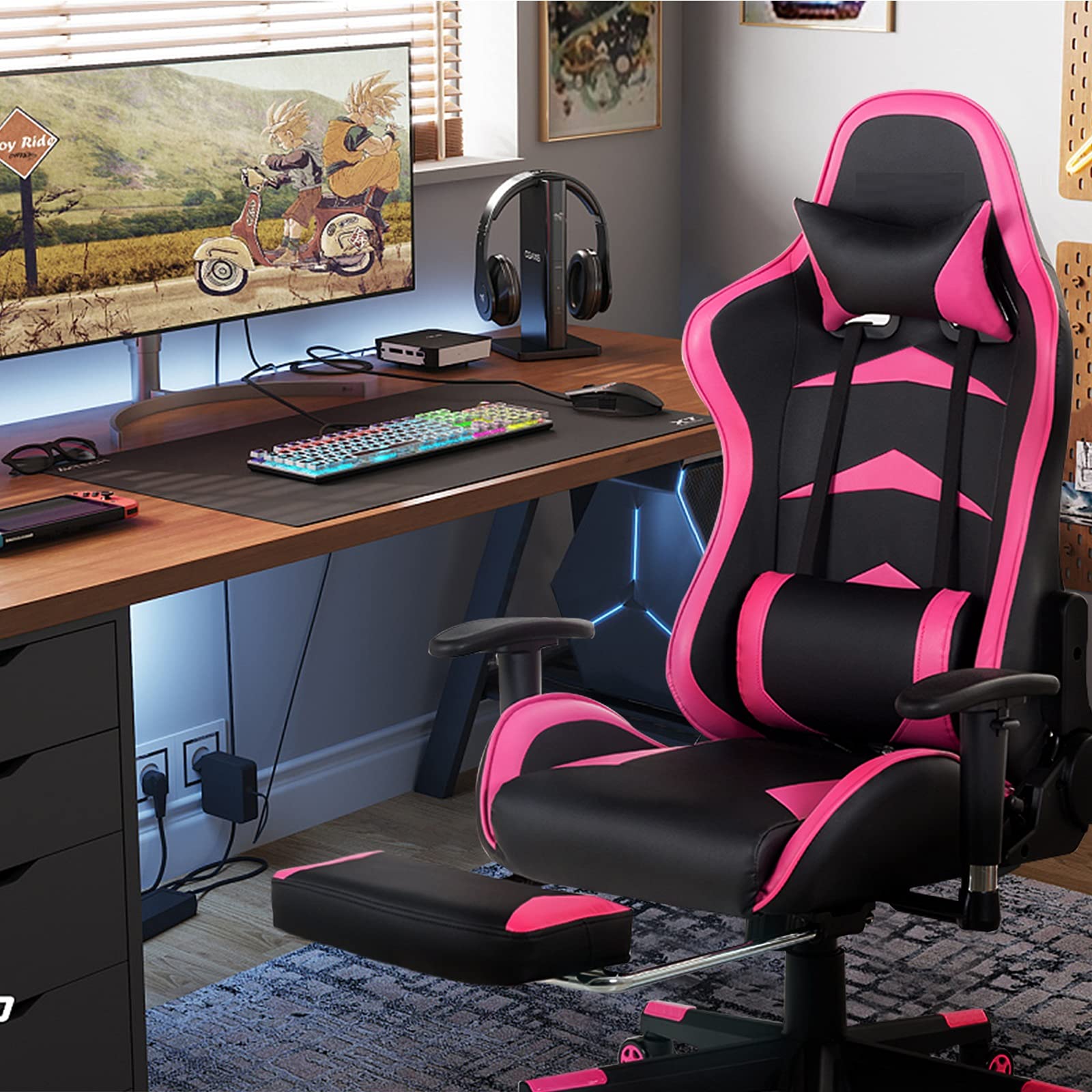 Premium Ergonomic Gaming Chair - Racing Style High-Back Computer Chair with Adjustable Headrest & Lumbar Support, Reclining PU Leather Office Chair with Footrest & Massage Function, Height Adjustable for Home, Office or Gaming Setup (Pink) - Perfect for Long Gaming Sessions, Work from Home & Office Comfort