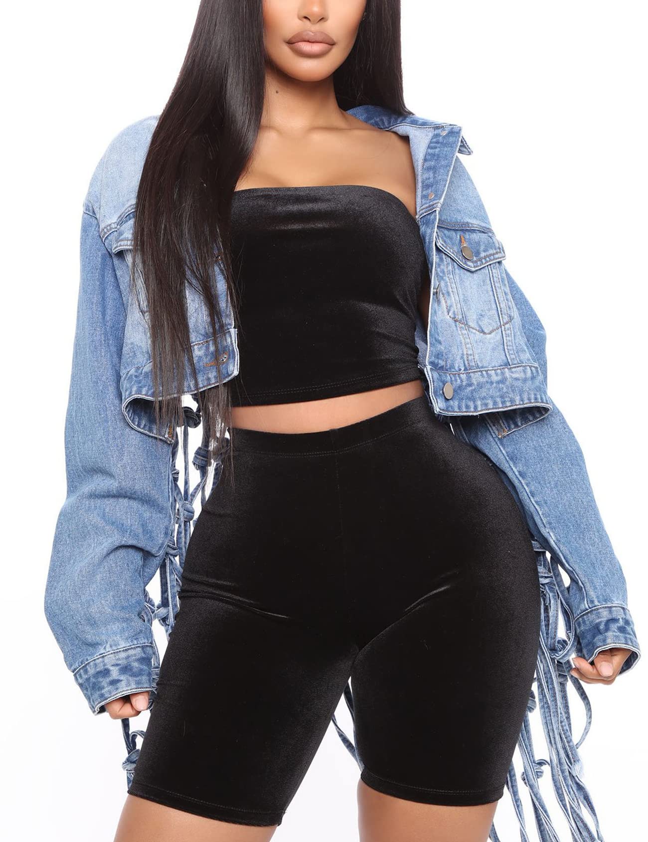 Kissonic Women's Cropped Denim Jacket - Oversized Tassel Jean Coat for Women | Casual Spring Outerwear & Streetwear Fashion