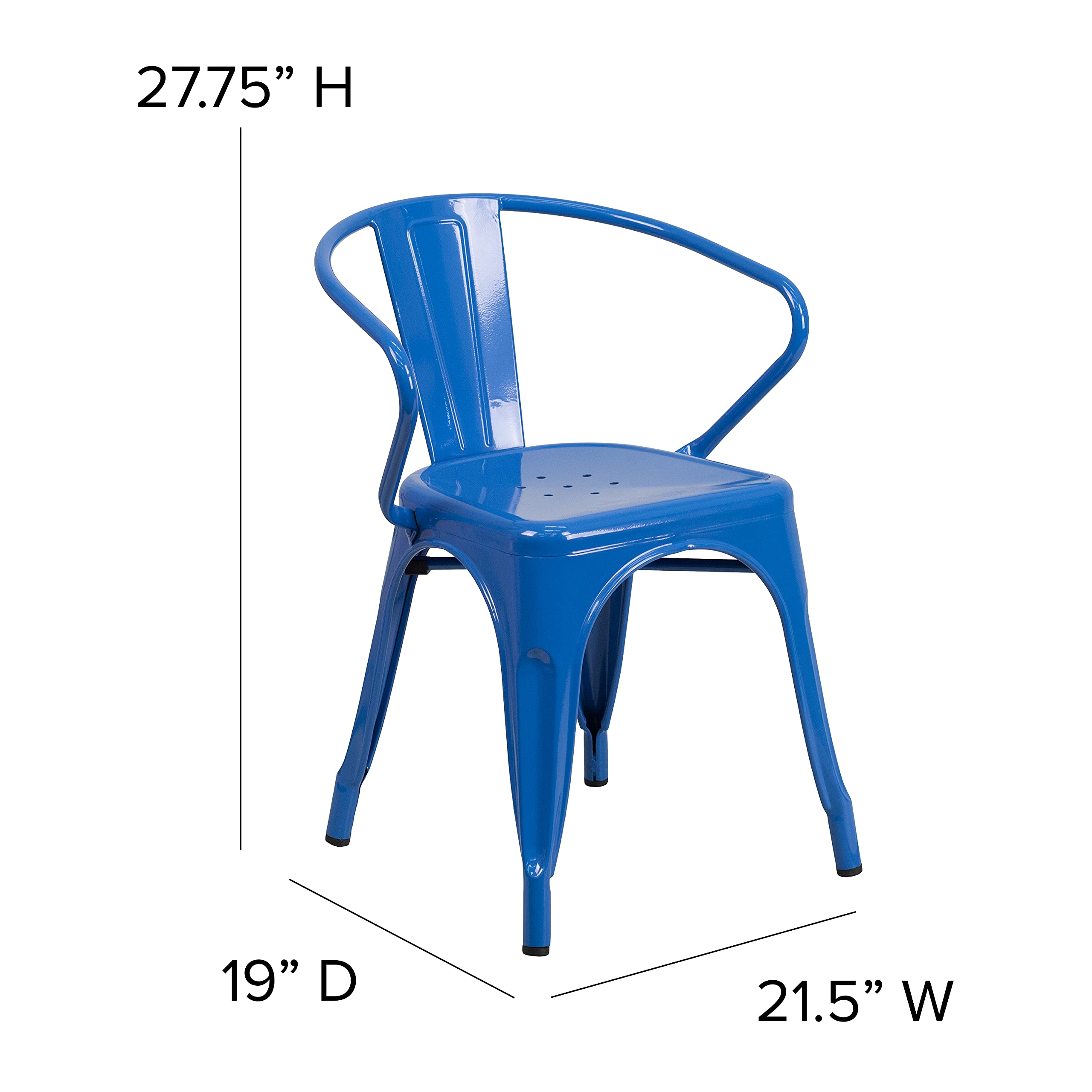 4 Pack Blue Metal Indoor-Outdoor Arm Chairs - Heavy Duty Bistro & Restaurant Chairs for Patio, Cafe, Dining Room & Outdoor Seating