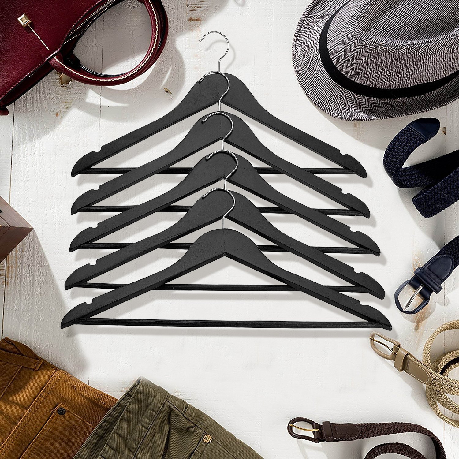 Premium Black Wooden Hangers (Set of 10) - Heavy Duty Clothes Hangers for Closet Organization - Ideal for Dresses, Coats, Suits & Home Storage