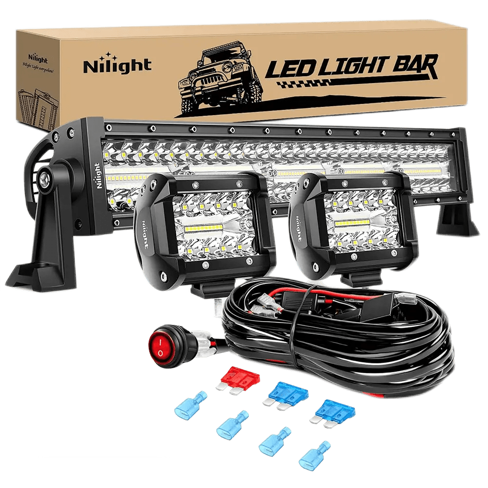 22 Inch 480W Triple Row Spot Flood LED Light Bar with 2Pcs 4 Inch 60W LED Pods & 12FT Wiring Kit - 3Pin Switch & 3 Leads - Perfect for Off-Road Trucks, ATVs, UTVs, Boats & Marine Lighting