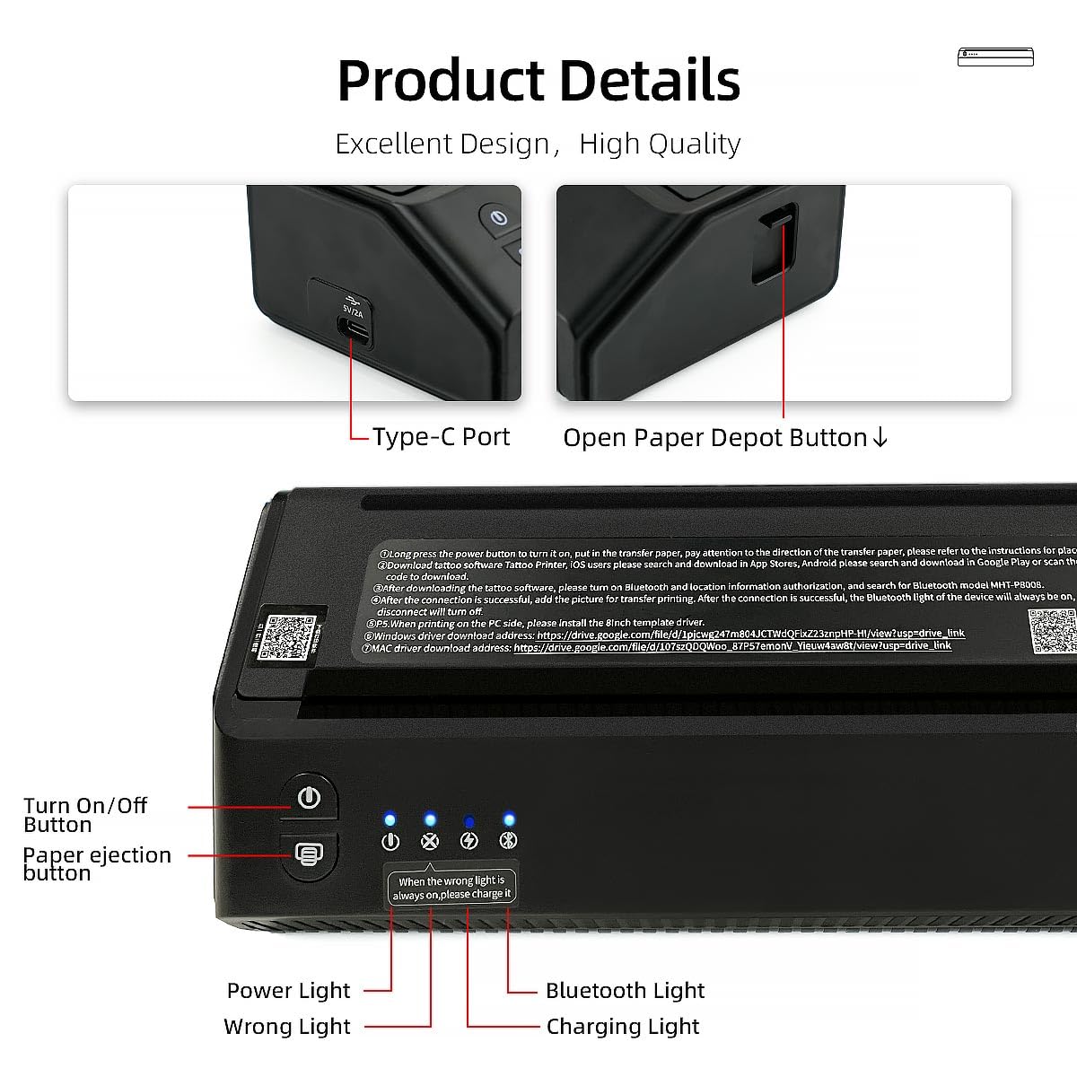 Professional Bluetooth Thermal Tattoo Stencil Printer with 2500mAh Battery - Wireless Tattoo Transfer Machine for Artists & Beginners - Perfect for Tattoo Studios, Home Practice & Professional Use