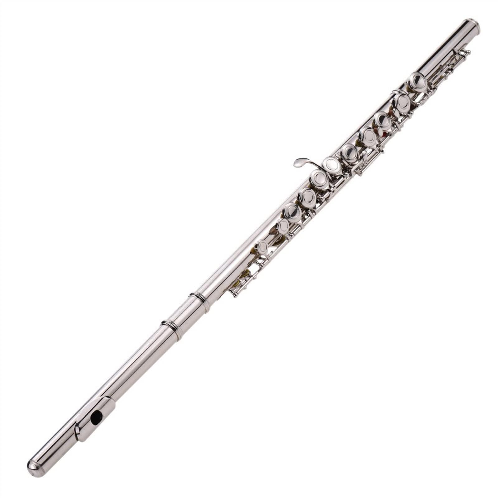 Silver Plated 16 Hole C Key Cupronickel Student Flute - Wind Instrument with Cleaning Cloth, Rod & Gloves - Perfect for Beginners, School Bands & Music Practice