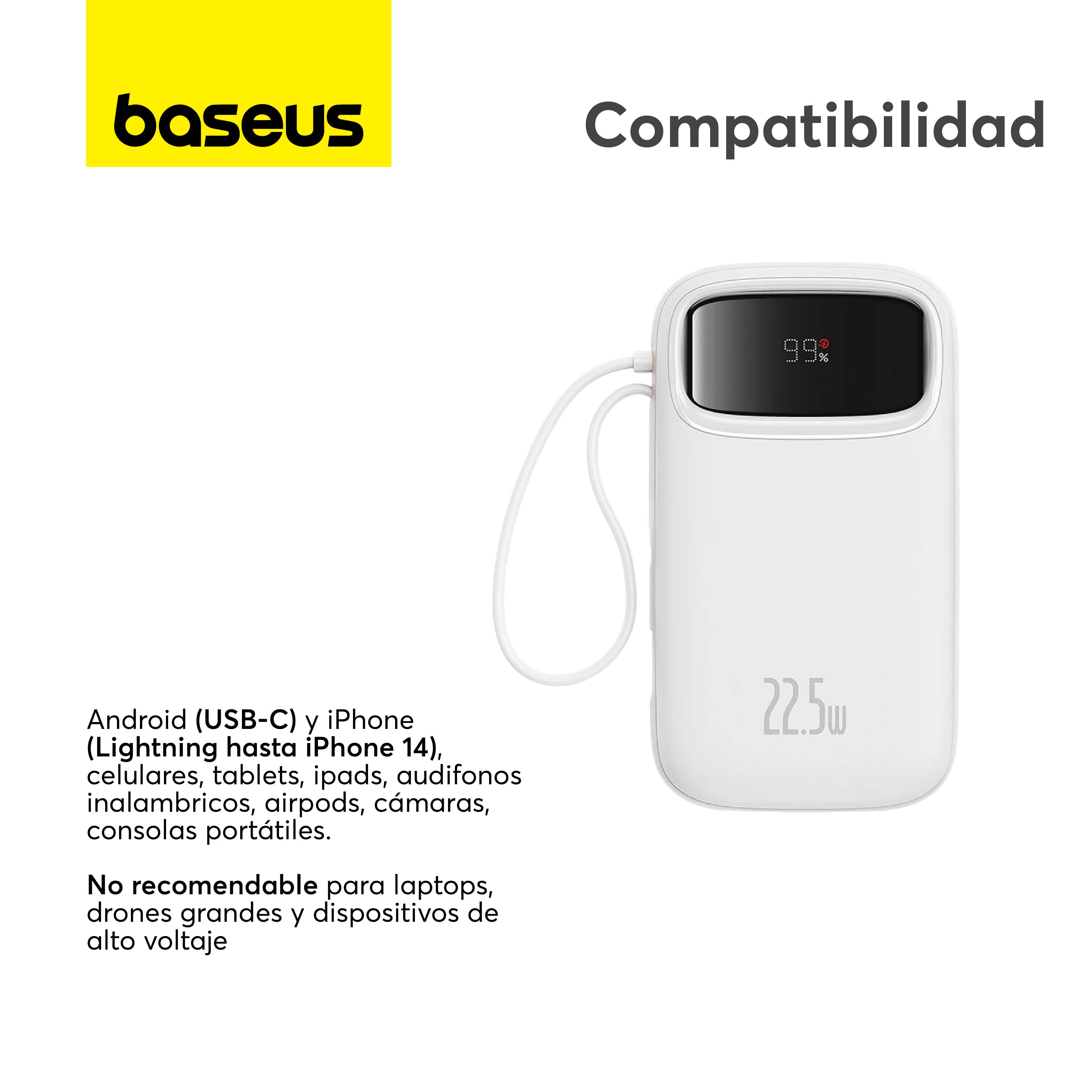 Baseus Qpow2 20000mAh Power Bank with Digital Display - 22.5W Fast Charging, Includes Lightning & Type-C Cables (White) - Perfect for Travel, Camping & Emergency Charging