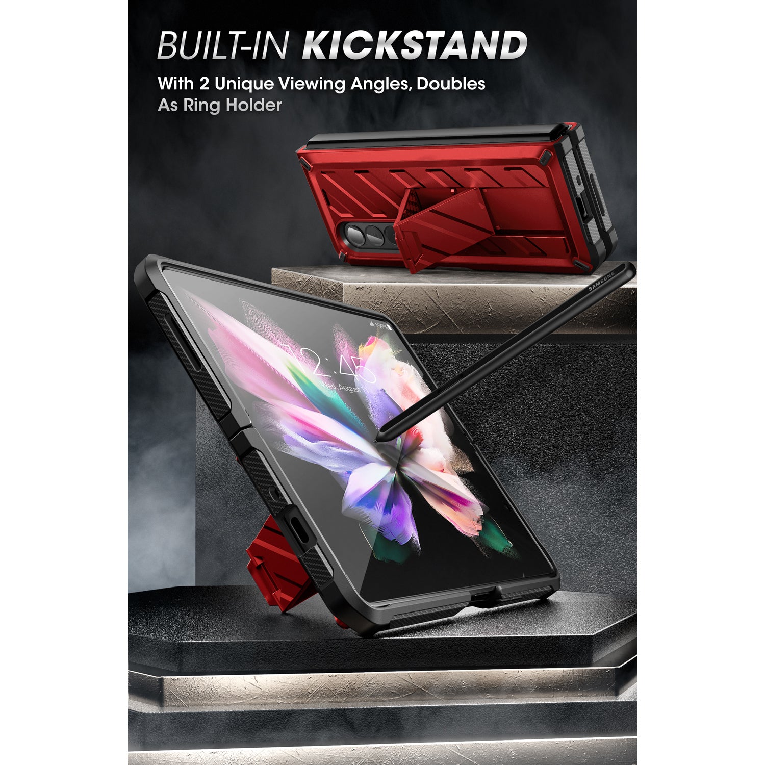 Samsung Galaxy Z Fold 3 Case with Built-in Kickstand & Screen Protector - Shockproof Heavy Duty Cover for Z Fold3 (Metallic Red) | Perfect for Work, Travel & Everyday Protection