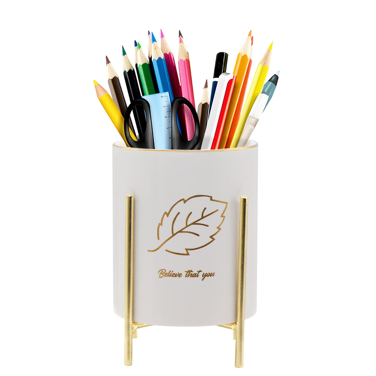 Gold Ceramic Pencil Cup with Metal Frame - 4.7x3.15 Inch Desk Pen Holder for Office & Classroom - Elegant Gold Desk Organizer for Pens, Markers & Art Supplies