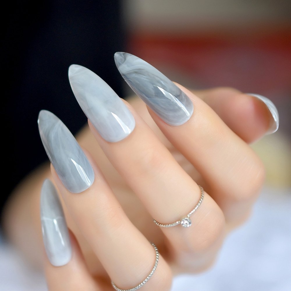 24 Count Extra Long Stiletto Press On Nails - Grey Marble Stone Pattern, Dark Shiny Pointed Fake Nails for Women | Perfect for Parties, Weddings & Special Occasions