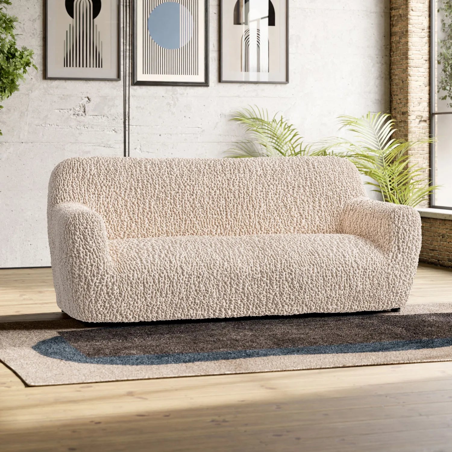 Goffrato Velvet 3-Seater Sofa Slipcover - Soft Stretch Couch Cover for Living Room, Home Decor & Furniture Protection (Beige)