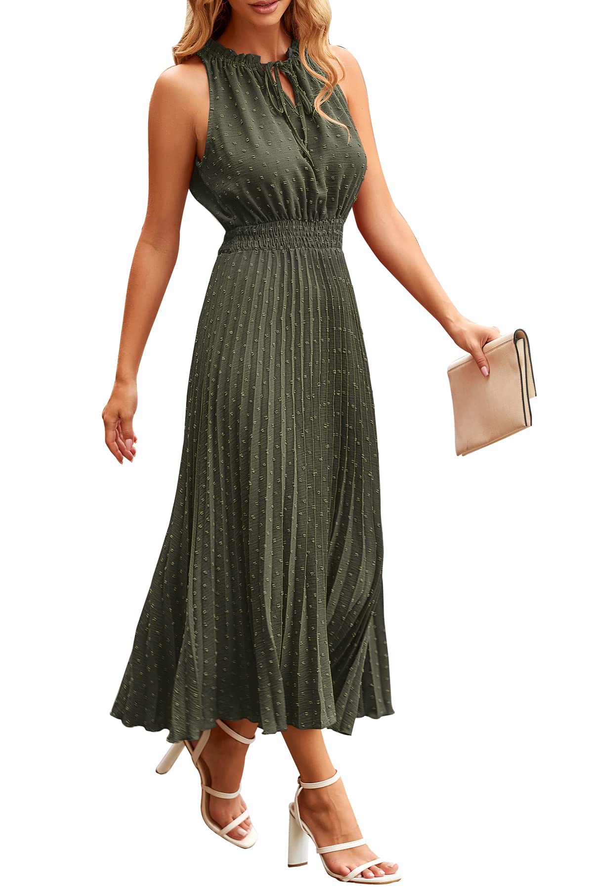 PRETTYGARDEN Women's Floral Midi Summer Dress - Casual V-Neck Swiss Dot Ruffle Sleeveless A-Line Beach Sun Dress for Vacation, Pool Party & Outdoor Date