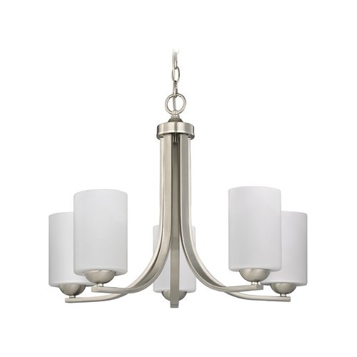 Elegant Satin Nickel Chandelier with White Cylinder Glass Shades - Modern Ceiling Light Fixture for Dining Room, Bedroom, or Living Room Decor