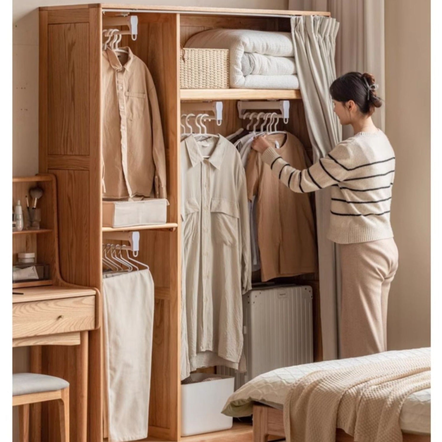 Solid Oak Wood Wardrobe with Thin Fabric Curtain - Stylish Closet Organizer for Bedroom, Living Room & Dorm Storage