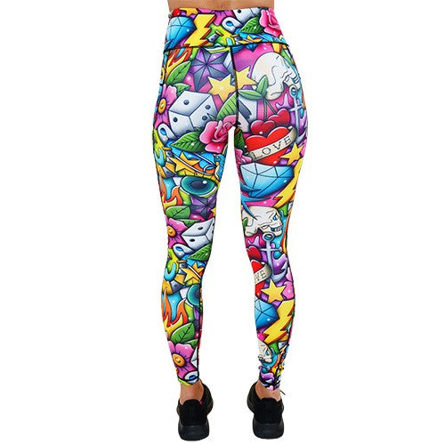 Tattoo Smash Leggings - High Waisted Yoga Pants for Women, Trendy Tattoo Print Workout Leggings - Perfect for Gym, Running, Yoga & Casual Wear