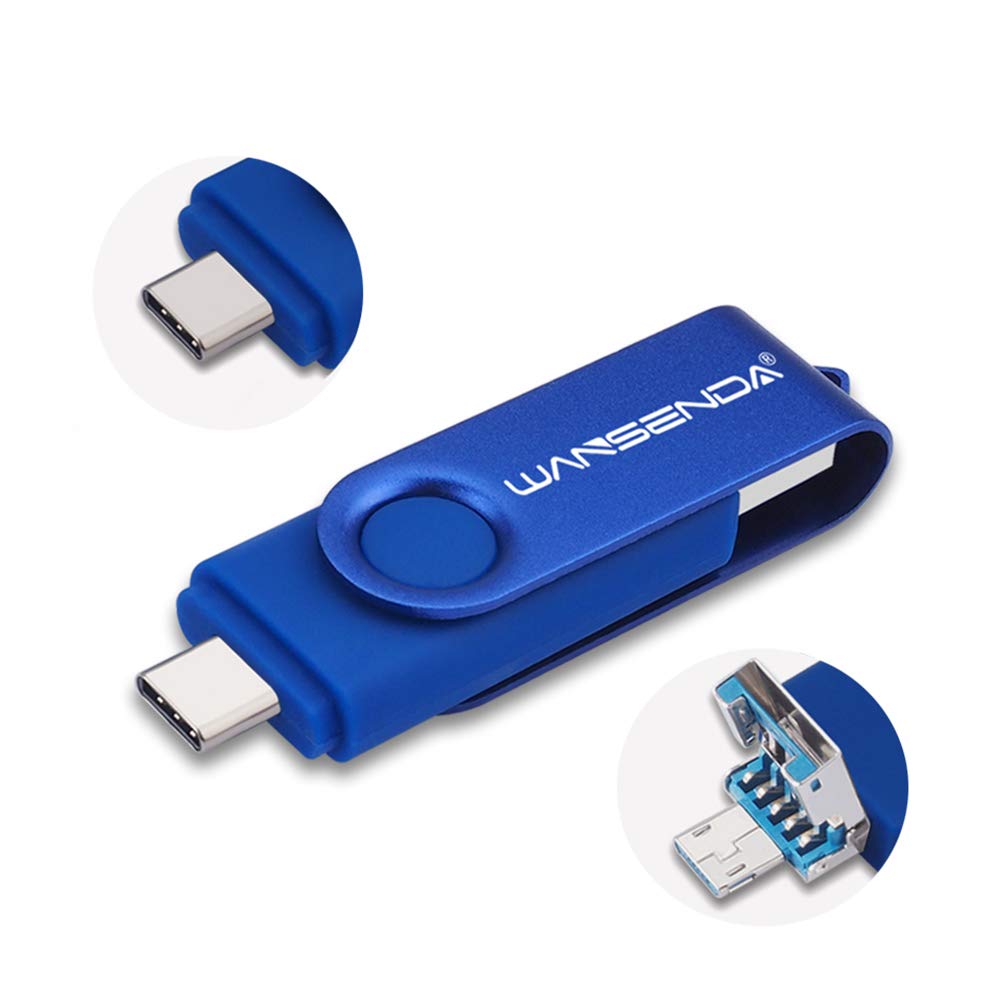Wansenda 128GB 3-in-1 USB Flash Drive - USB 3.0/3.1, Type-C & Micro USB OTG Pen Drive - Compatible with Android, iPhone, PC, Mac, Tablet - High Speed Data Transfer - Perfect for Work, School & Travel (128GB, Blue)