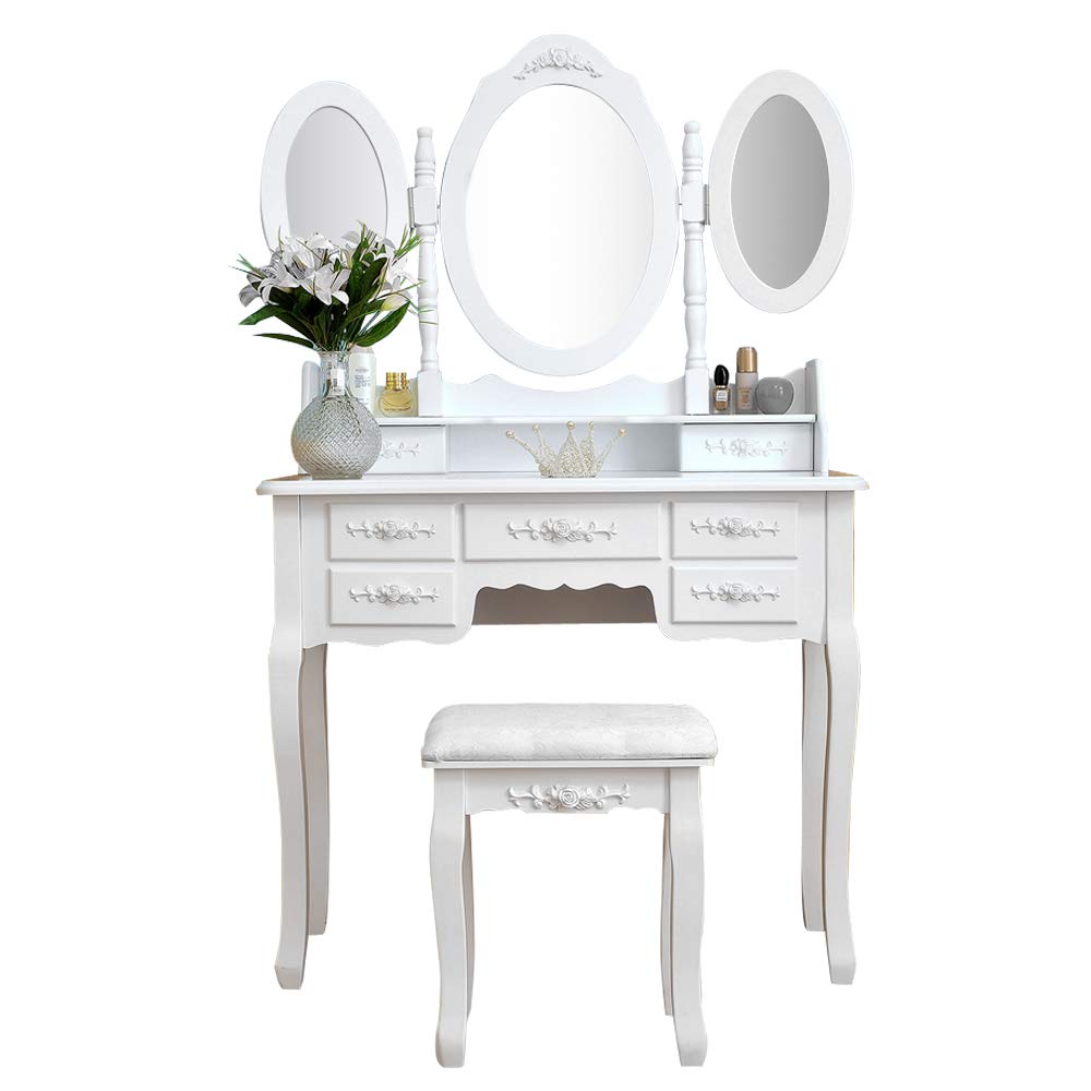 Foldable 3-Mirror Vanity Set with 7 Drawers & Stool - Large Storage Makeup Dressing Table for Bedroom | Perfect for Makeup Organization, Beauty Routine & Small Space Decor (White)