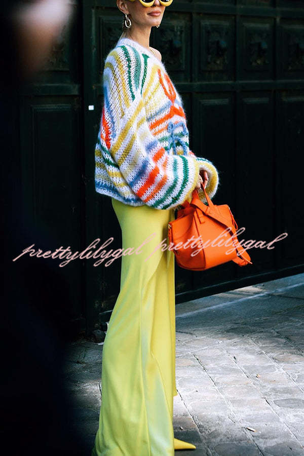 Rainbow Striped Loose Knit Sweater for Women - Cozy Hollow Out Pullover with Contrast Colors | Perfect for Fall Layering & Casual Outfits