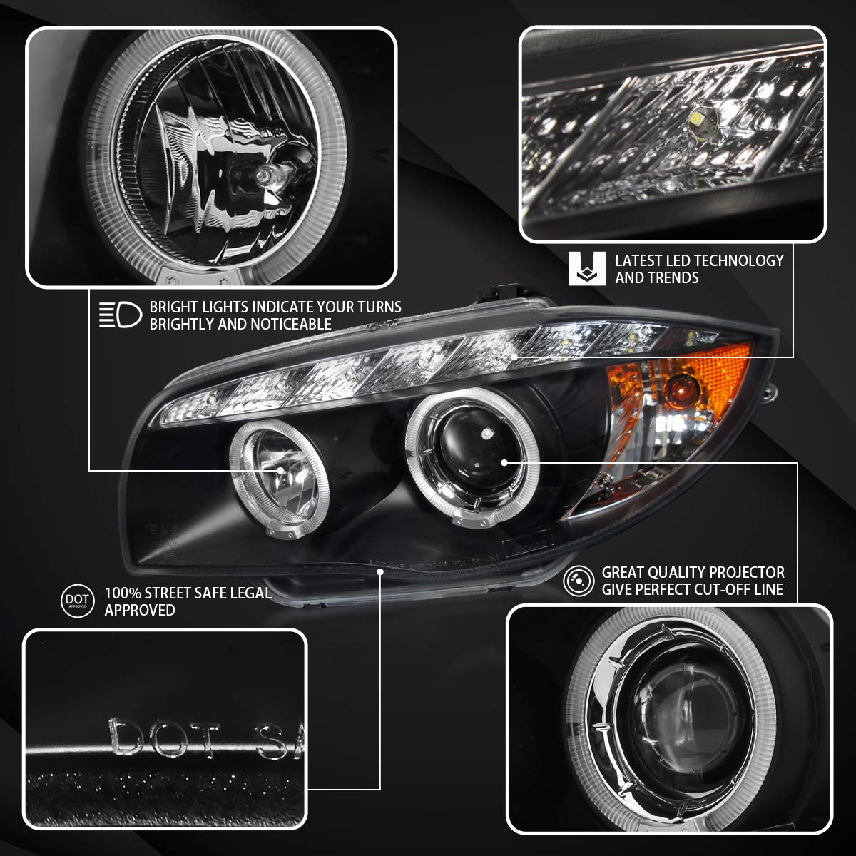 AUTOZENSATION BMW E81 E82 E88 Headlights Assembly (2008-2013) - Left & Right Pair Halo Black Projector Headlights for Improved Night Visibility & Style Upgrade