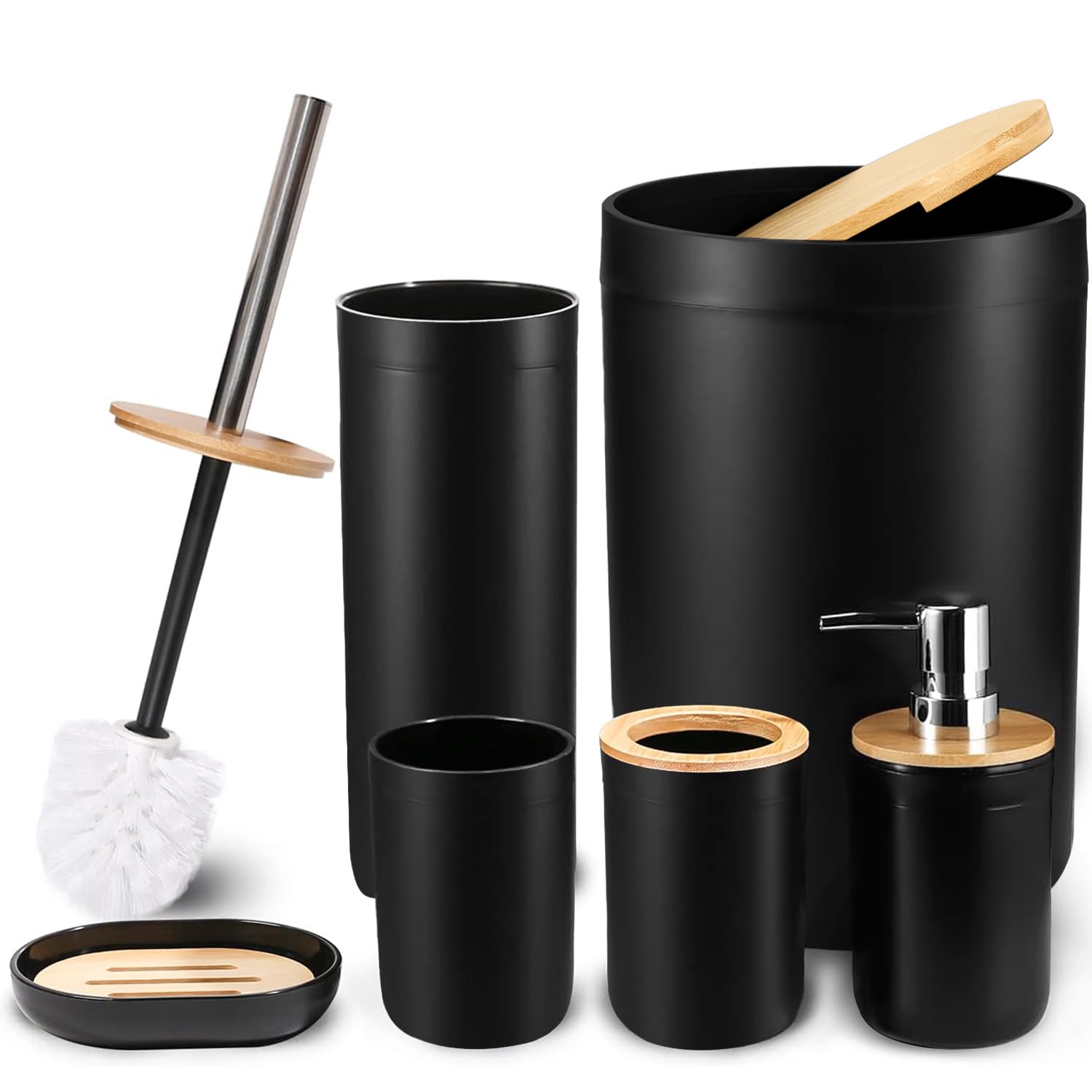 CERBIOR 6-Piece Bamboo Bathroom Accessory Set - Soap Dish, Toothbrush Holder, Rinse Cup, Lotion Bottle, Trash Can & Toilet Brush | Eco-Friendly Toilet Organizer for Bathroom, Powder Room & Guest Bath | Modern Black Bath Essentials for Home Decor