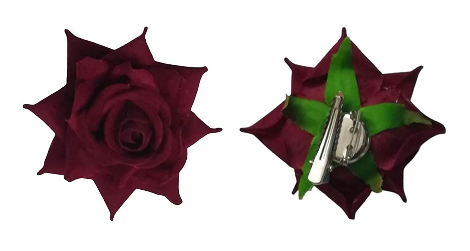 Kanthan Rose Flower Hair Clip & Brooch - 2 Pack Maroon Bun Maker Pins for Women & Girls | Wedding, Party & Everyday Hair Accessories