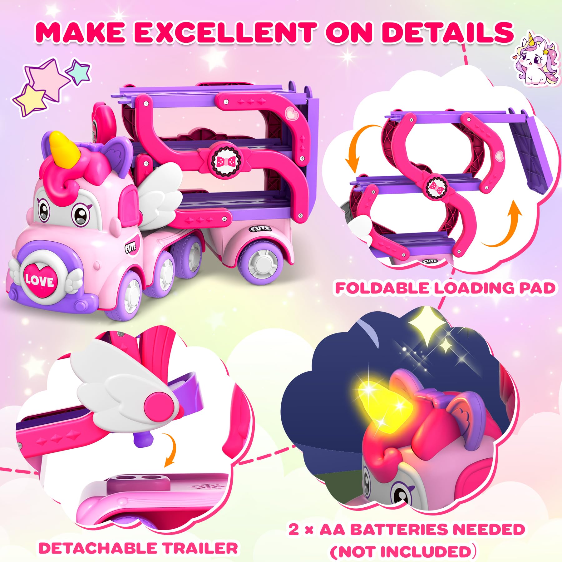 Pourbibi Auto Toy for Girls Ages 2-5 Years - Light & Music Truck Toy with Unicorn Design | Perfect Birthday & Christmas Gift for Toddlers | Pretend Play, Learning & Fun Transportation Toys for Kids