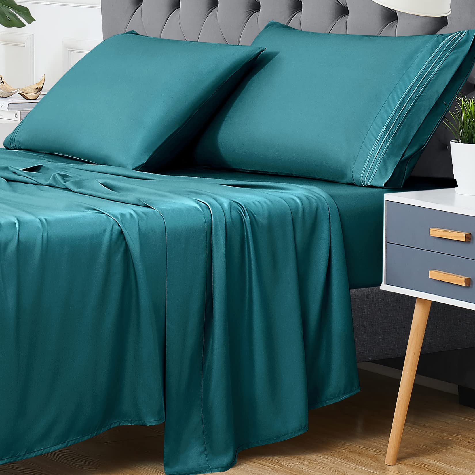 CAROMIO King Size Bamboo Rayon Sheet Set - 4 Piece Deep Pocket Cooling Bed Sheets for Hot Sleepers, Super Soft Breathable & Comfortable Luxury Sheets - Perfect for Summer Nights & Temperature Regulation (Teal)