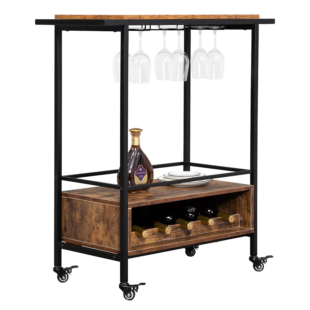 Lazyspace 2-Tier Rolling Utility Cart with Wheels - Industrial Wood & Metal Serving Trolley with Wine Rack, Lockable Casters - Multi-Purpose Storage Cart for Bar, Office, Kitchen & Home Organization - Rustic Brown - Perfect for Entertaining, Hosting & Space Saving