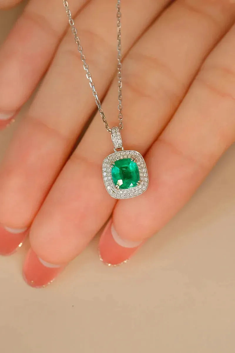 18K White Gold Diamond & Natural Emerald Pendant Necklace for Women - Luxury Elegant Wedding Jewelry Gift for Brides, Anniversary & Special Occasions