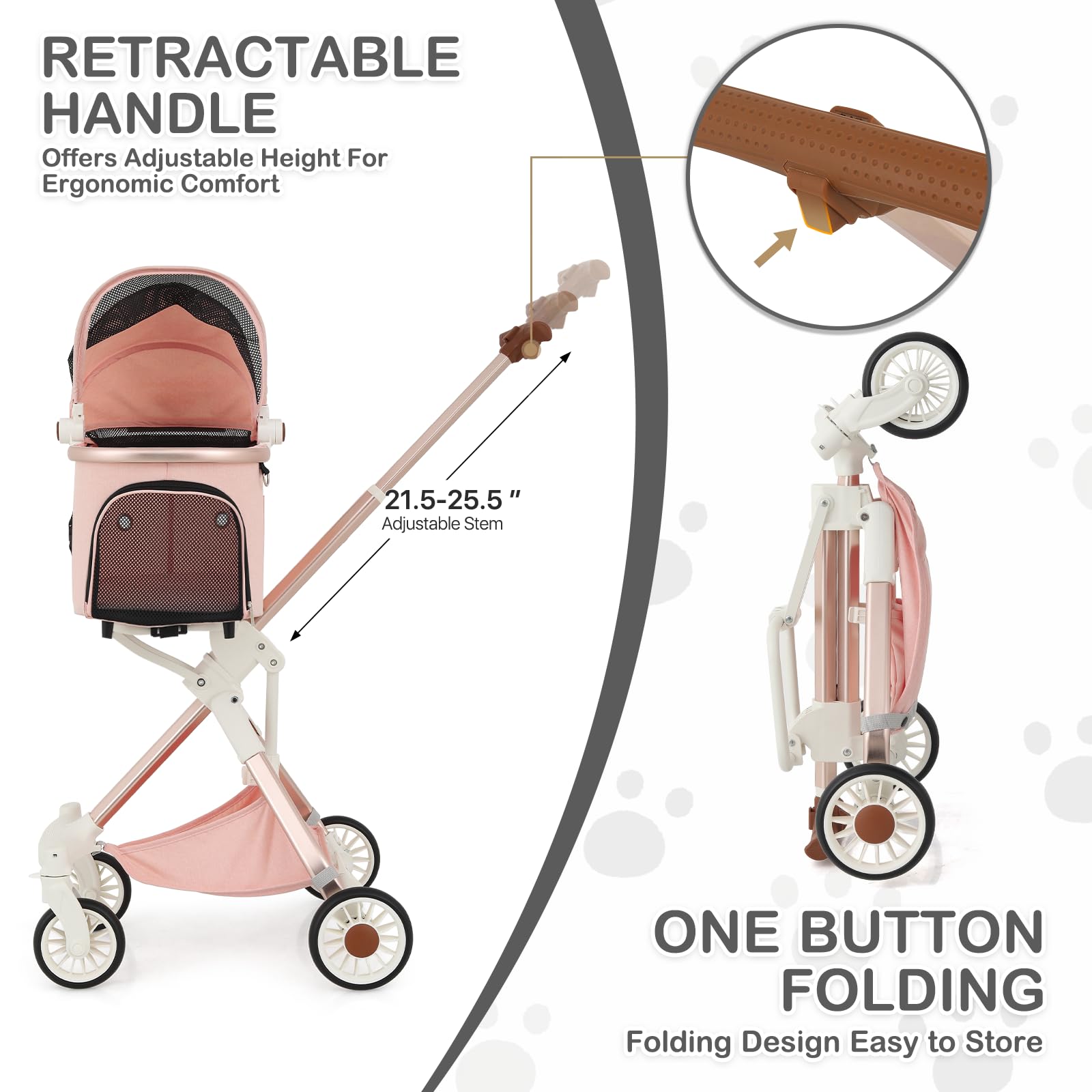 MoNiBloom 3-in-1 Pet Stroller with Adjustable Handle - Jogging Stroller for Dogs & Cats, Detachable Carrier & Lightweight Aluminum Frame - Soft Pink | Perfect for Outdoor Walks, Park Visits & Vet Trips