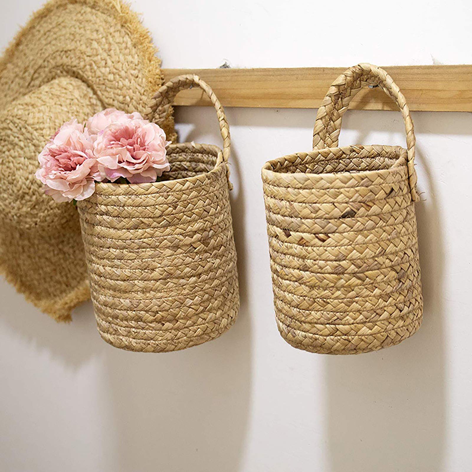 2-Pack Natural Seagrass Hanging Planter Baskets - Woven Wall Storage Baskets with Handles for Plants, Flowers & Home Decor (5.4 x 6.9 Inch) - Perfect for Boho Wall Decor, Bathroom Storage & Nursery Organization