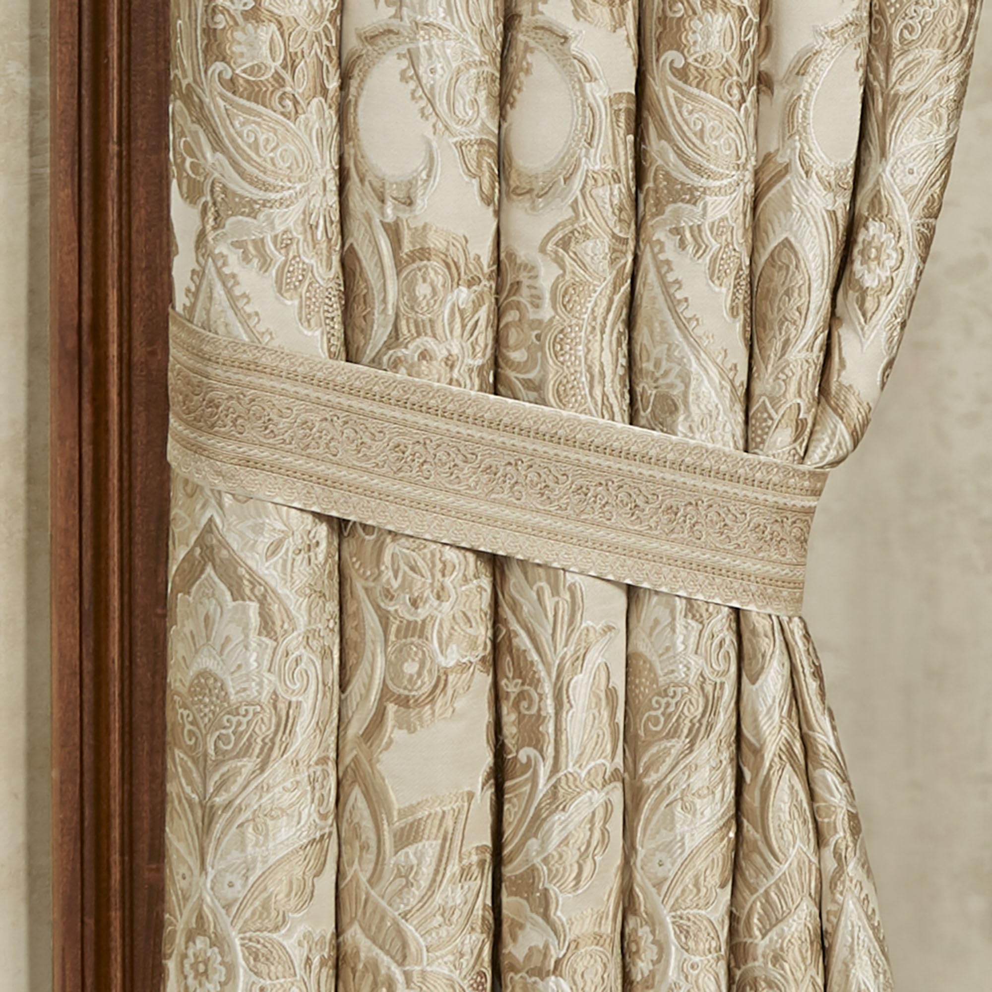 Albany Luxury Window Treatment - Champagne & Ivory Neutral Tones | Jacobean Floral Damask with Medallions & Stripes | Wide Drapery Set with Empire Valance & 84